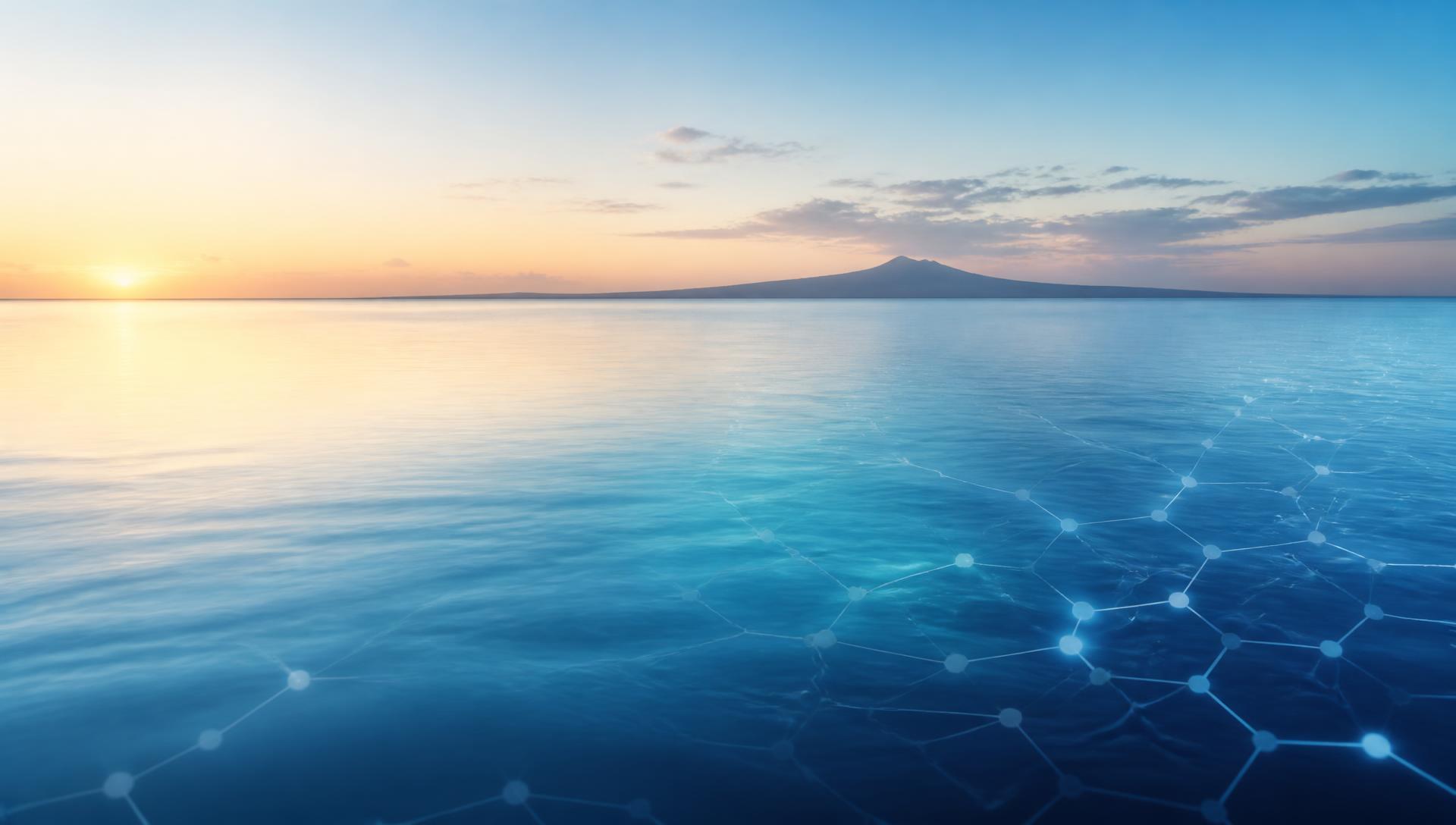 Calm New Zealand coastal water at dawn with a volcanic cone on the horizon